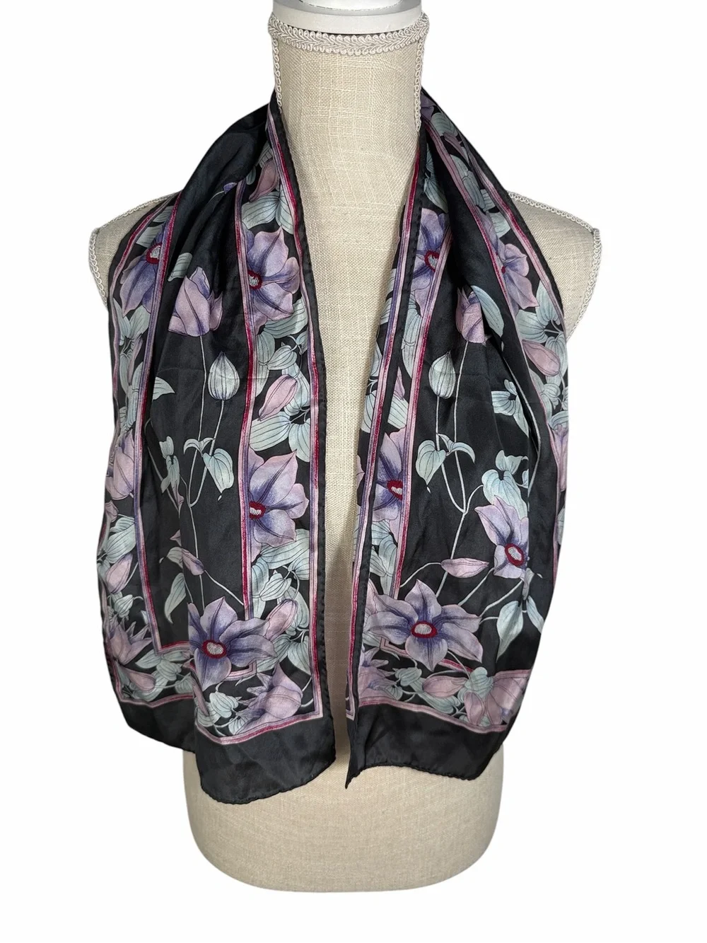 Grey & Purple Vintage Floral Silk Blend Scarf Scarve